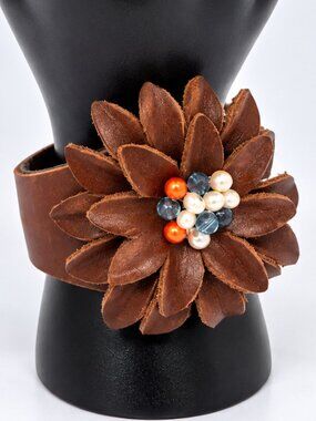 Mud Pie Brown Leather Flower Cuff Bracelet Beaded Boho Statement